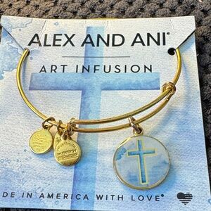Alex and Ani Gold tone Charm Bracelet with Blue Cross